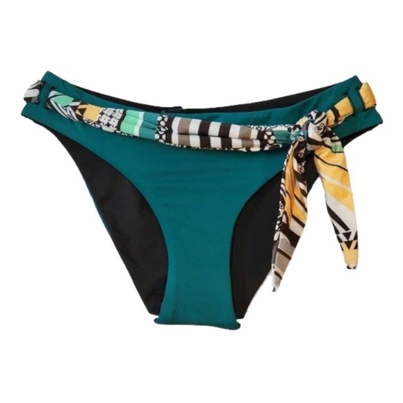 BECCA Bikini Bottom NWOT Fern Green Black White Reversible Belted - Picture 4 of 11